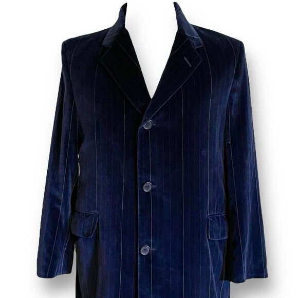 Vintage Ted Baker x Barneys NY Mens Overcoat Sz 42R Navy Blue Pinstripe Velvet - Picture 1 of 12